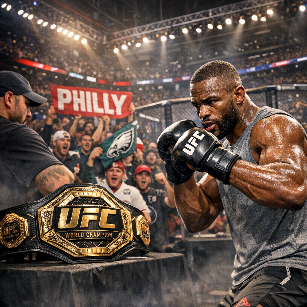 UFC 330 championship belt and fans in Philadelphia